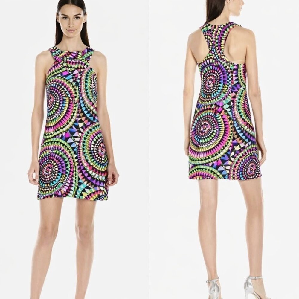Alice & Trixie Jodi Silk Colorful Halter Neck Shift Sun Dress Size XS 2 Mod